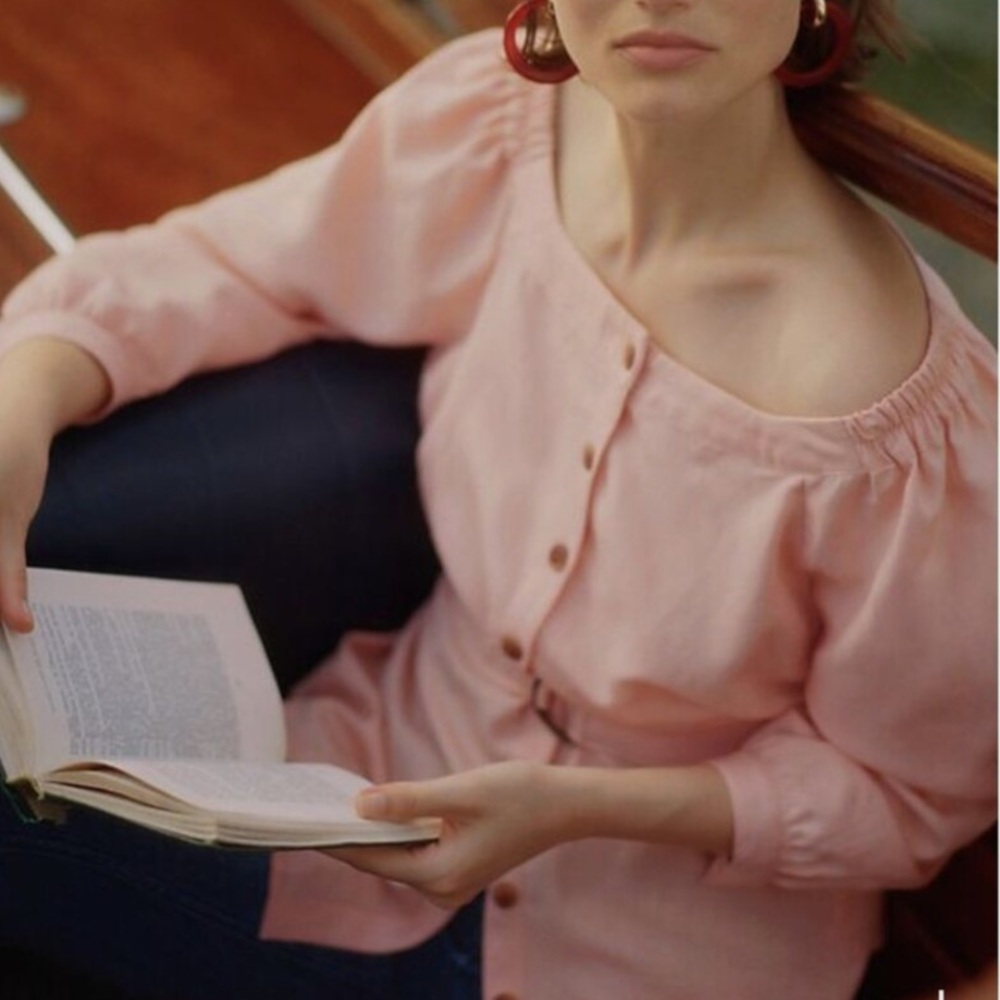 Anthropologie Mauve Alanis Off Shoulder Faux Button Linen Blouse | Size 2